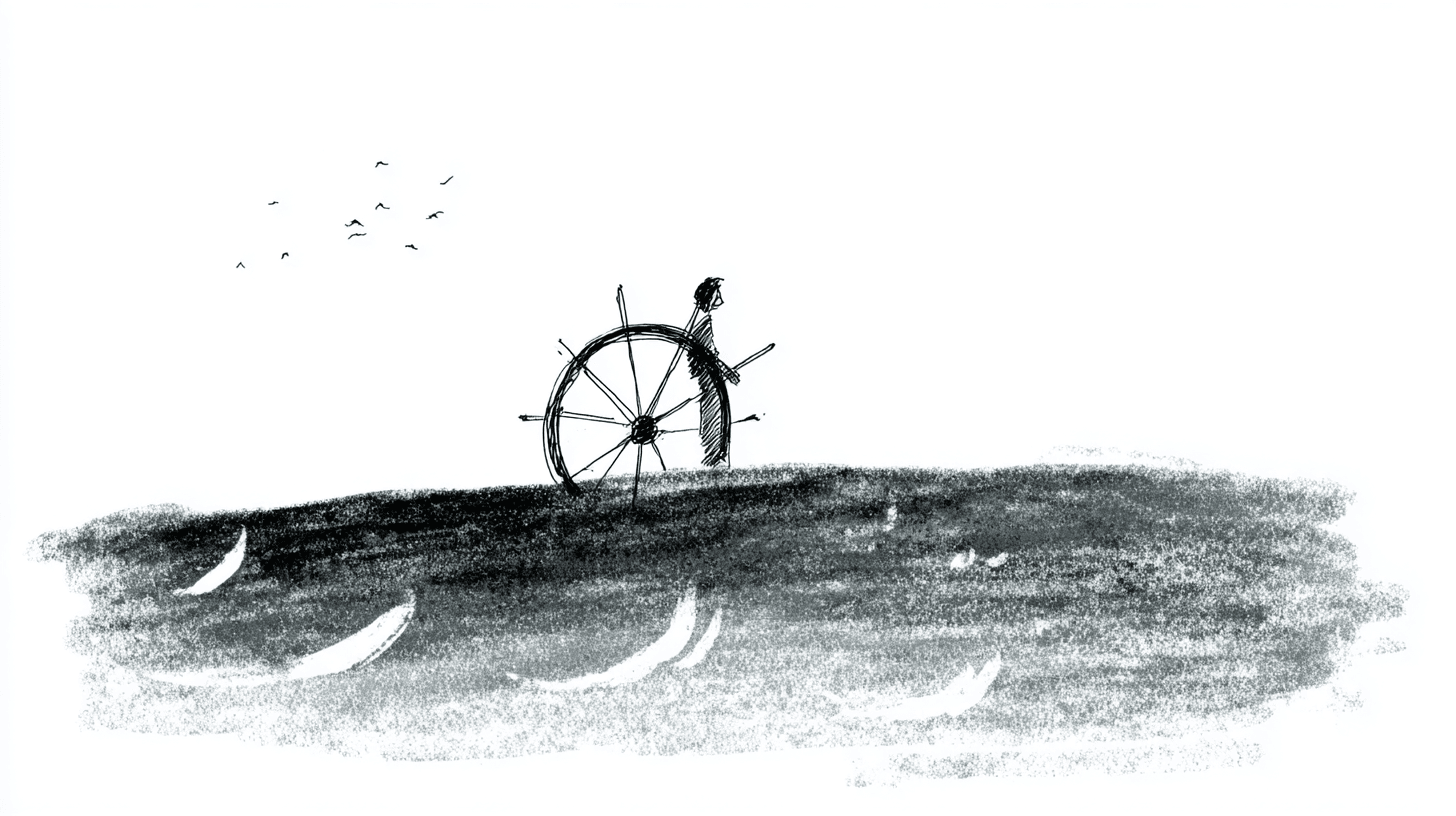 A hand-drawn sketch of a ship's wheel emerging from water